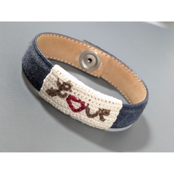 Boho Blue Faux Suede Embroidered Love Snap Cuff Bracelet 7.5" - Picture 2 of 9